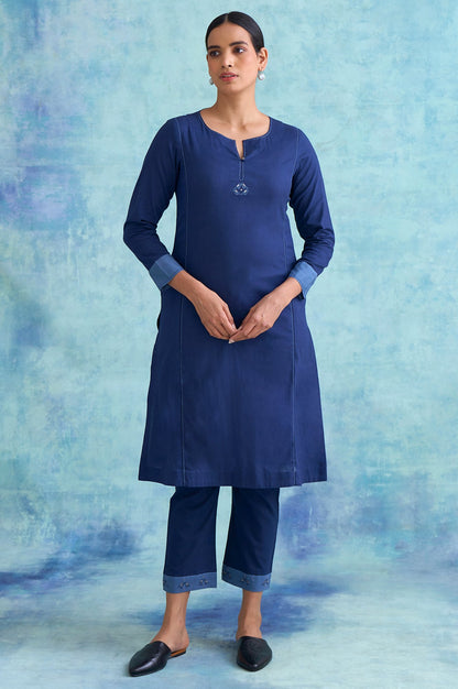 Indigo Solid kurta With Kantha