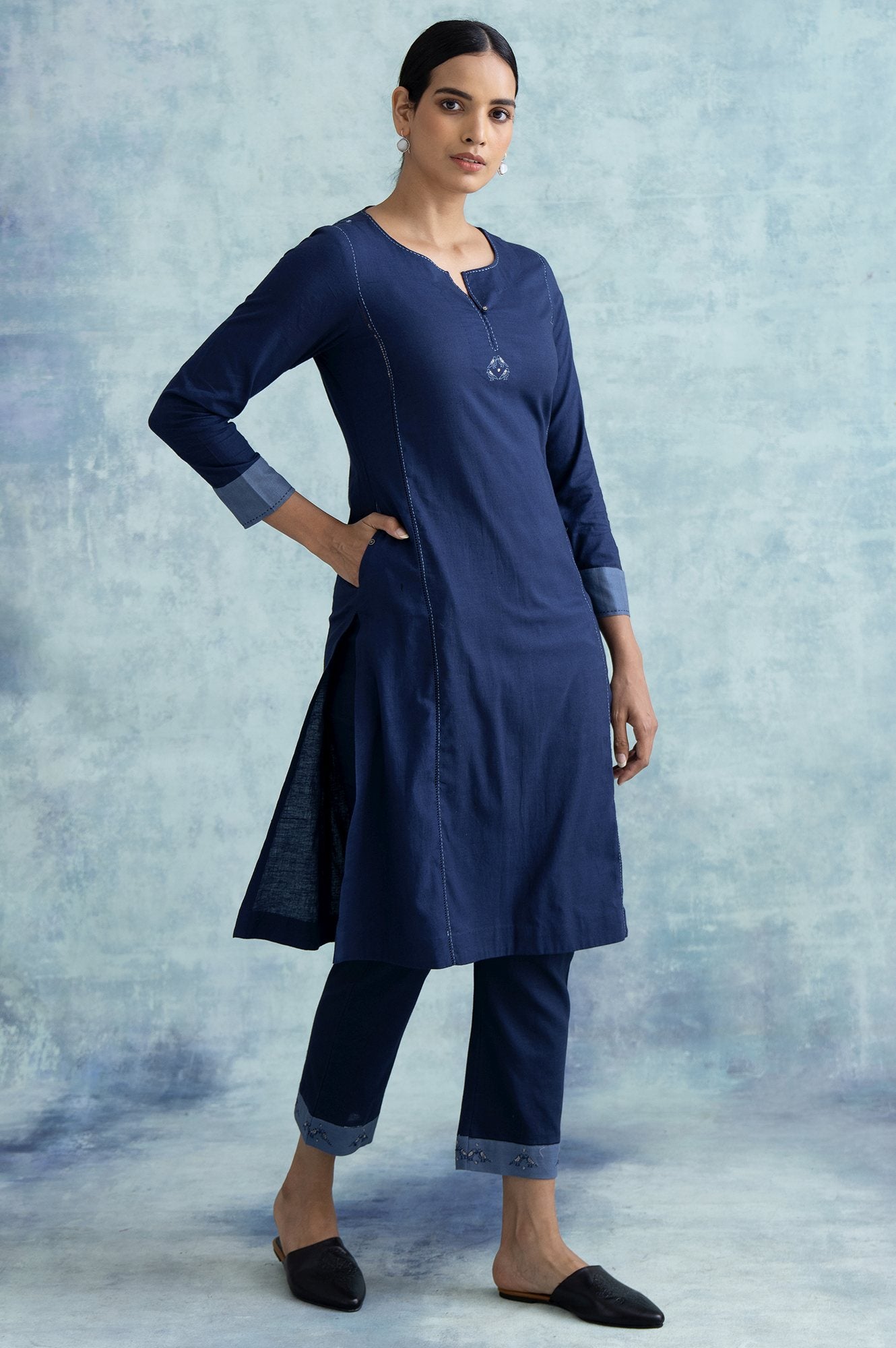 Indigo Solid kurta With Kantha