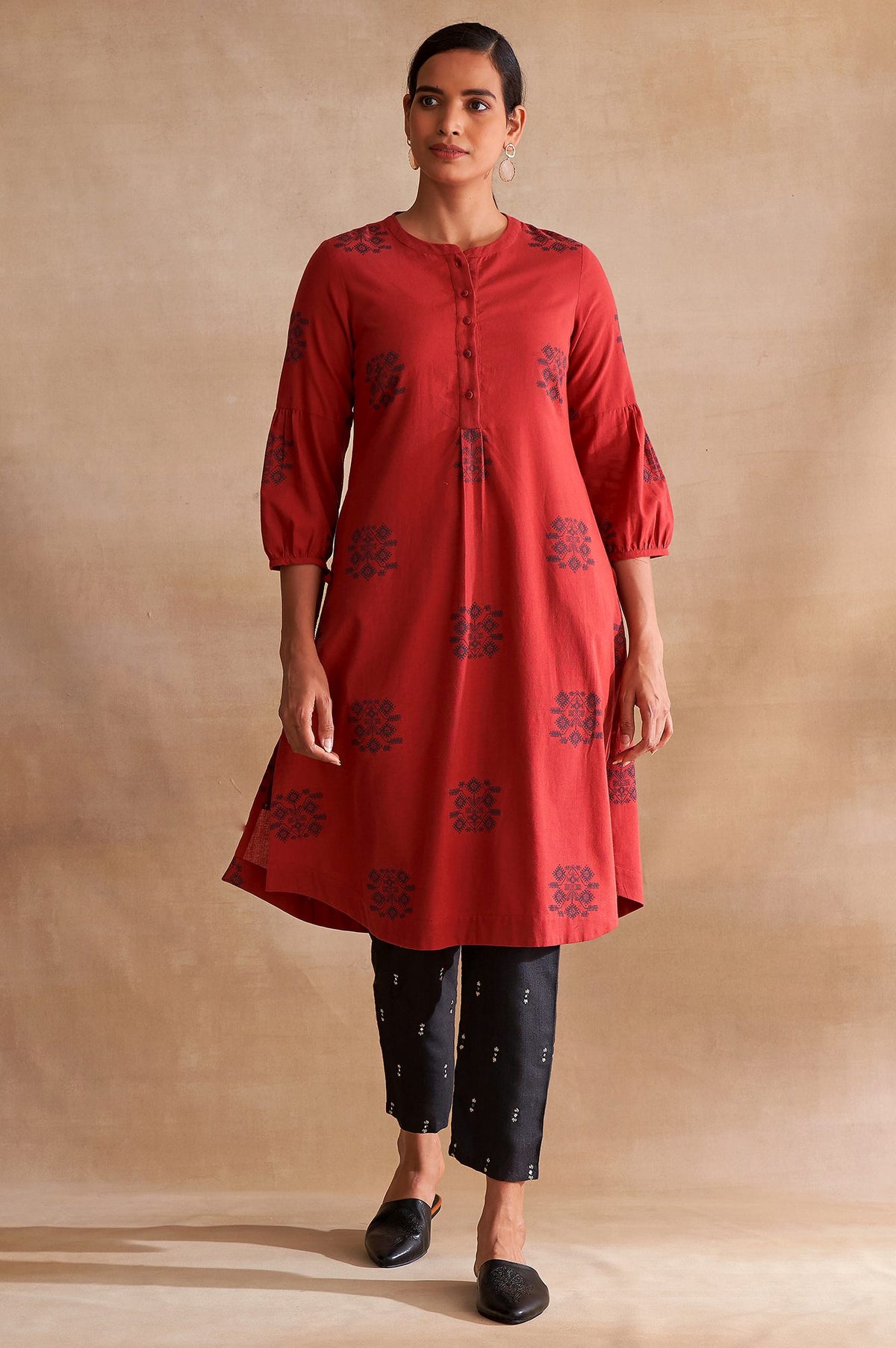 Red Yarn Dyed Dobby kurta - XS