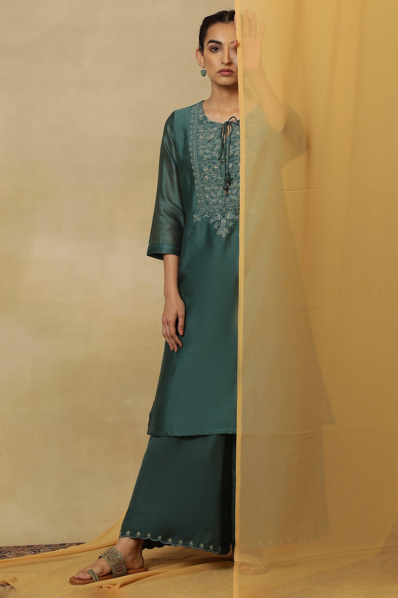 Dark Teal Kantha Embroidered Kurta - wforwoman