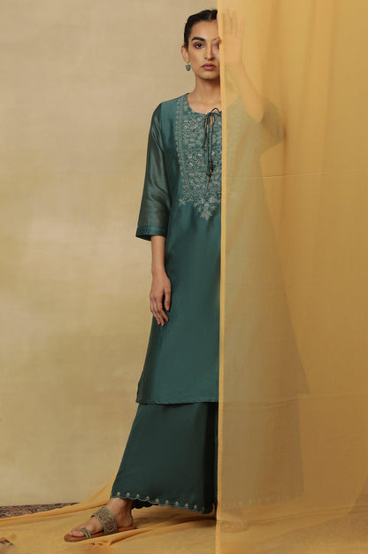 Dark Teal Kantha Embroidered Kurta - wforwoman