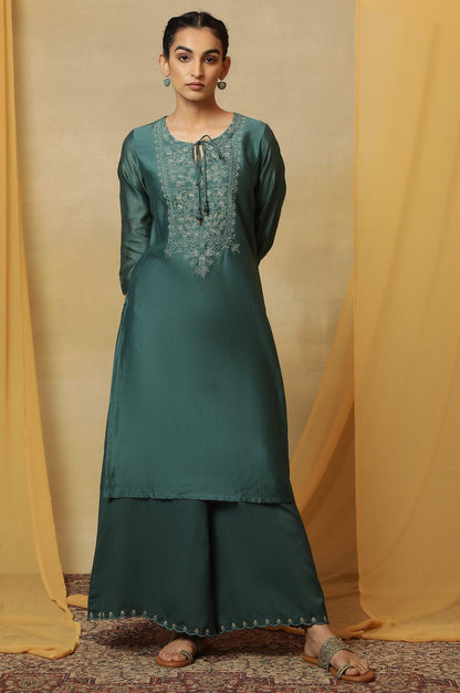Dark Teal Kantha Embroidered Kurta - wforwoman