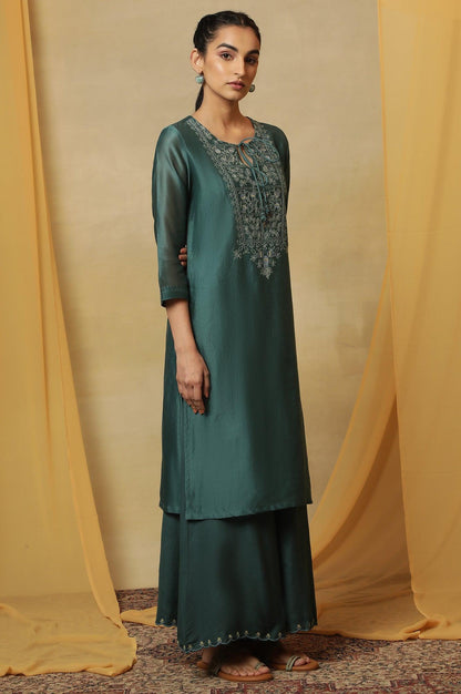 Dark Teal Kantha Embroidered Kurta - wforwoman