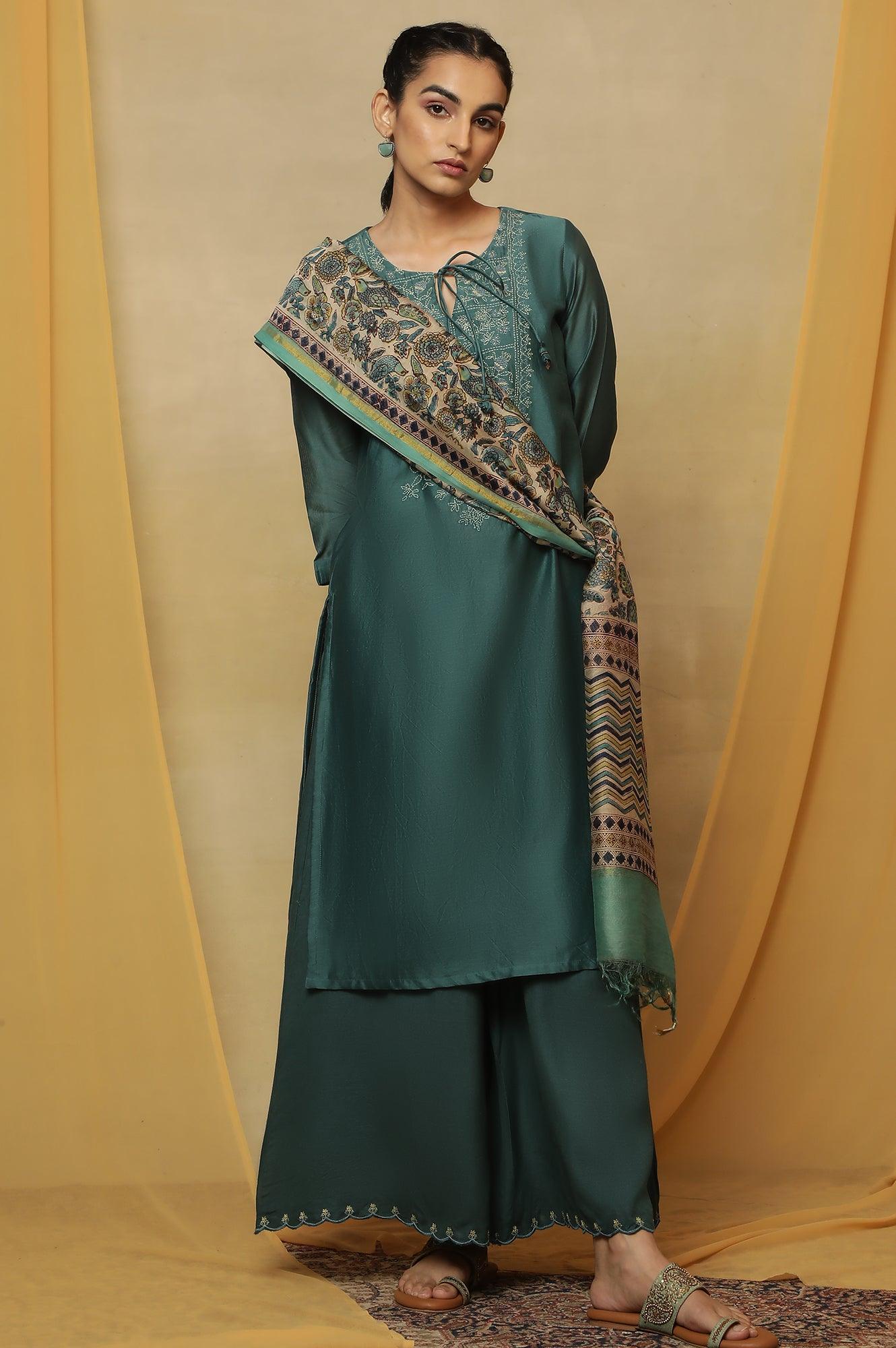 Dark Teal Kantha Embroidered Kurta - wforwoman