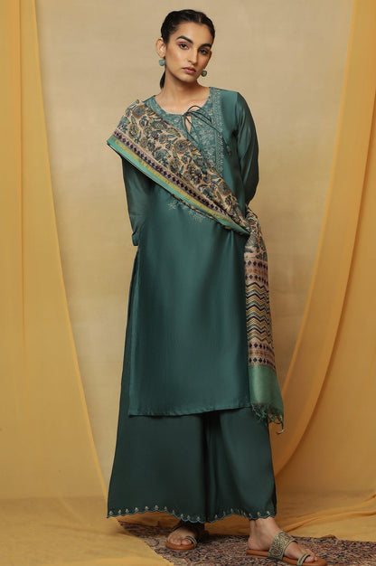 Dark Teal Kantha Embroidered Kurta - wforwoman