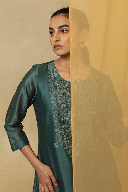 Dark Teal Kantha Embroidered Kurta - wforwoman