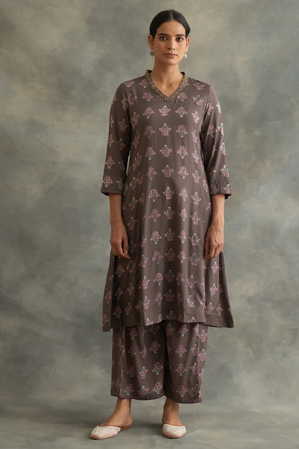 Dark Grey Handblock Print kurta - XS
