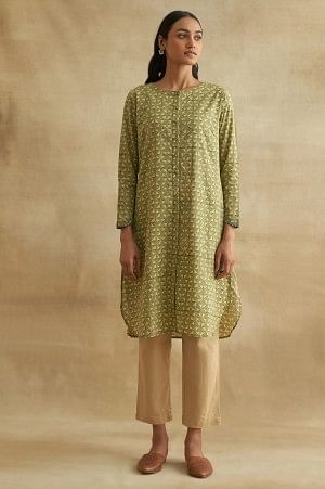 Green Handblock Print Cotton kurta - XS