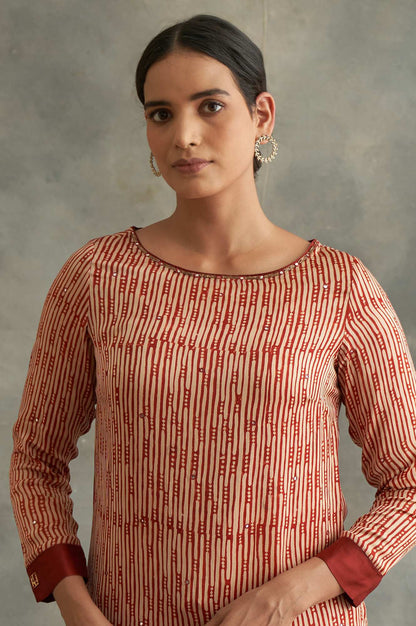 Red Block Printed kurta In Lustrous Satin