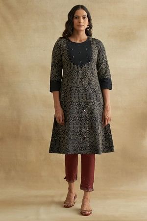 Black Handblock Printed Flared kurta - XS