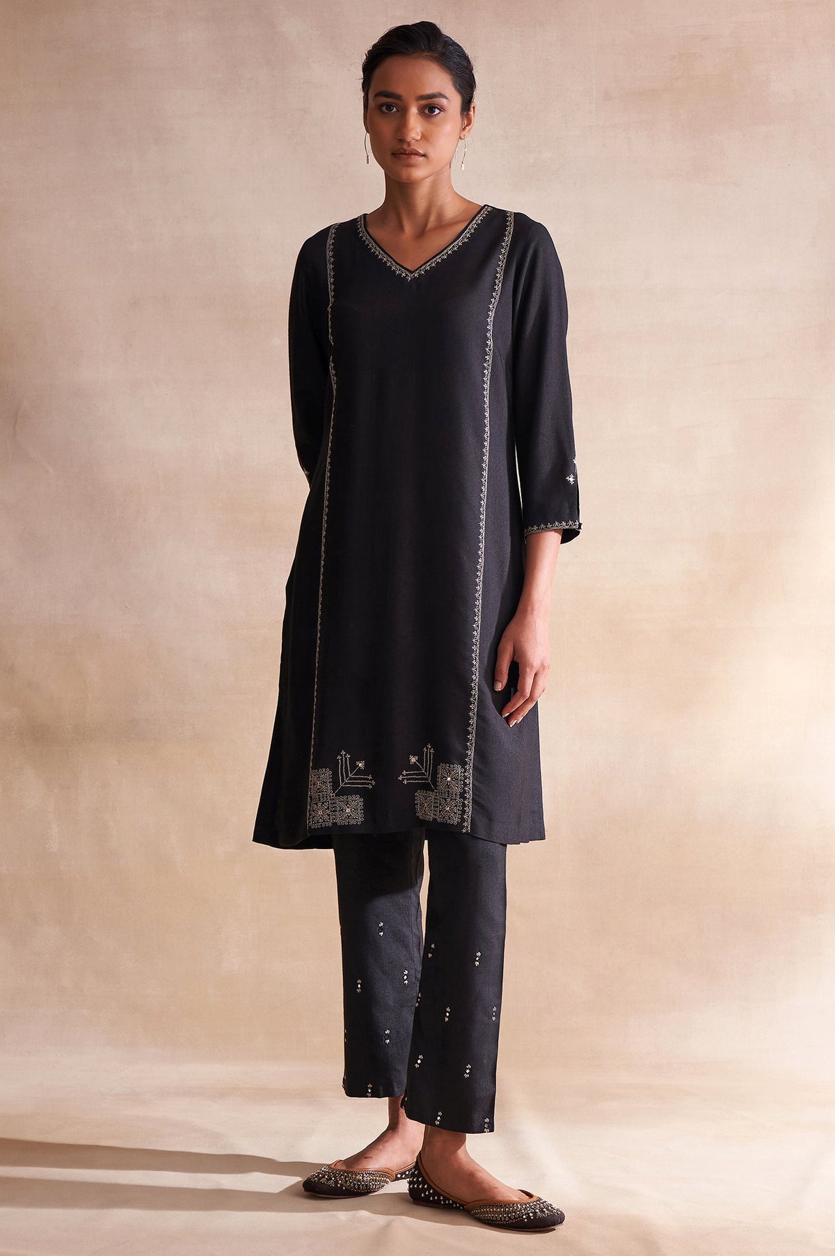 Folksong By W Black Modal Satin Embroidered kurta - XS