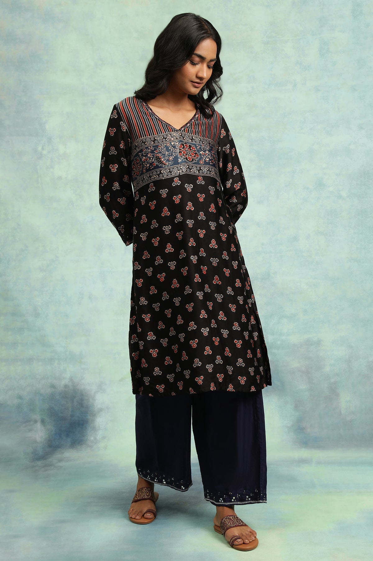 Black Ajrakh Print Lustrous Satin kurta - XS