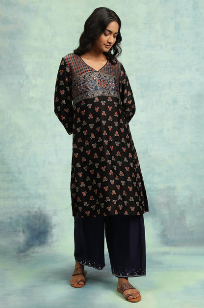 Black Ajrakh Print Lustrous Satin kurta