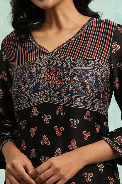 Black Ajrakh Print Lustrous Satin kurta