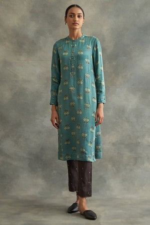 Blue Mandarin Neck Ajrakh Print kurta - XS