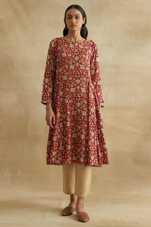 Red Ajrakh Print Boat Neck kurta - XS