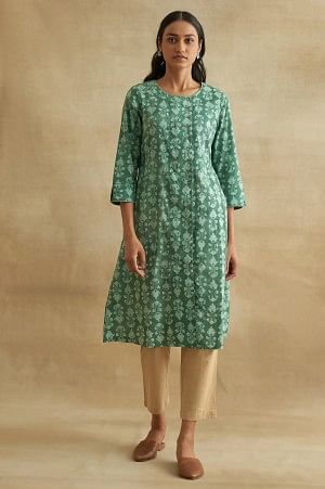Dark Green Handblock Print kurta - XS
