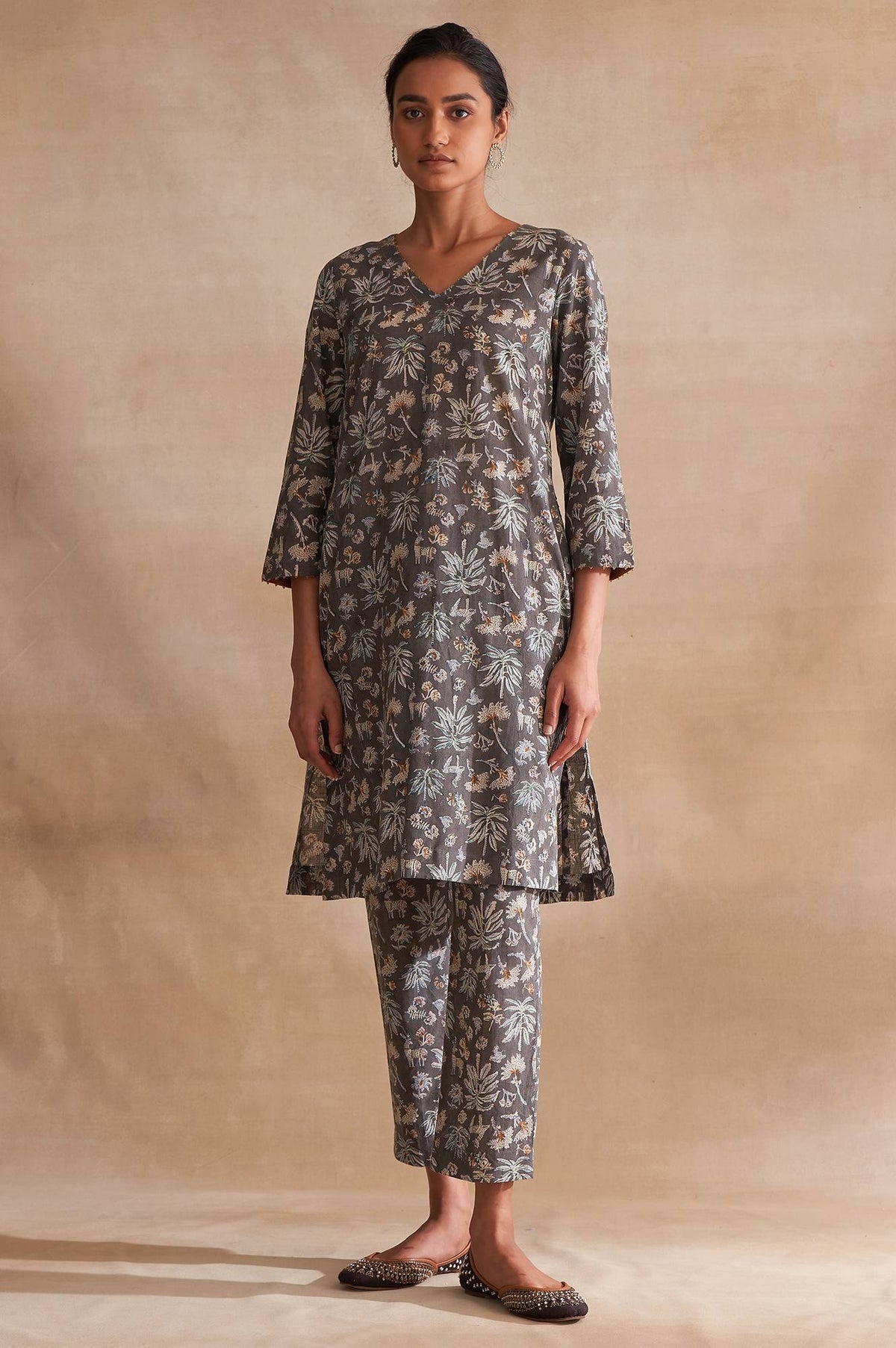 Folksong By W Dark Grey Handblock Print Slub kurta - XS