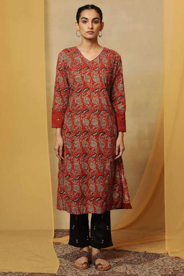 Red Handblock Print V-Neck Kurta