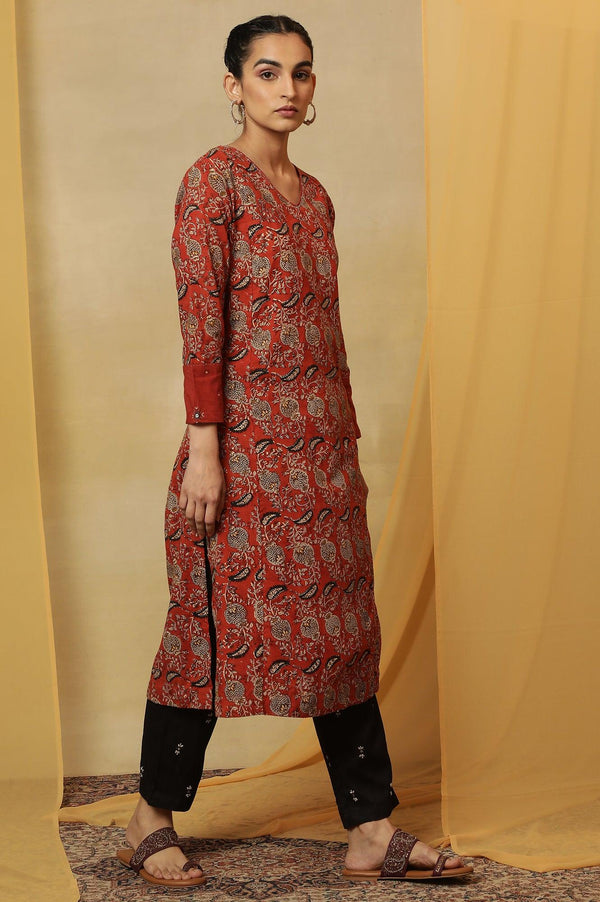 Red Handblock Print V-Neck Kurta