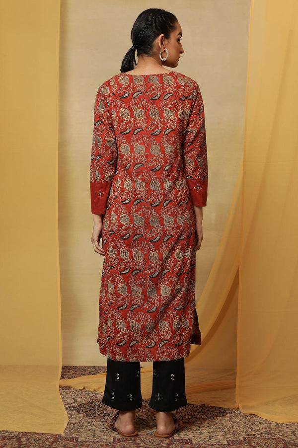Red Handblock Print V-Neck Kurta