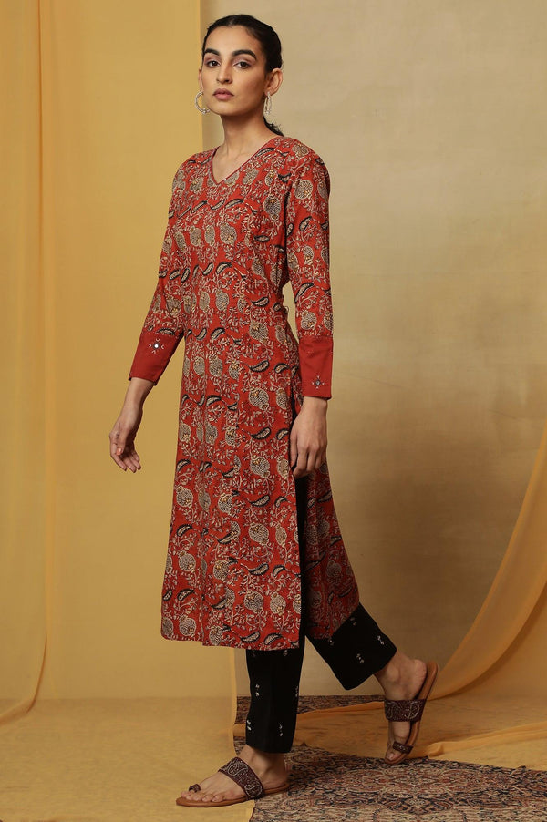Red Handblock Print V-Neck Kurta