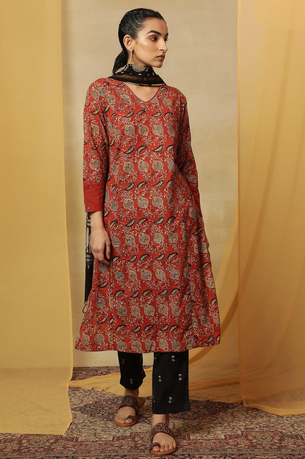 Red Handblock Print V-Neck Kurta