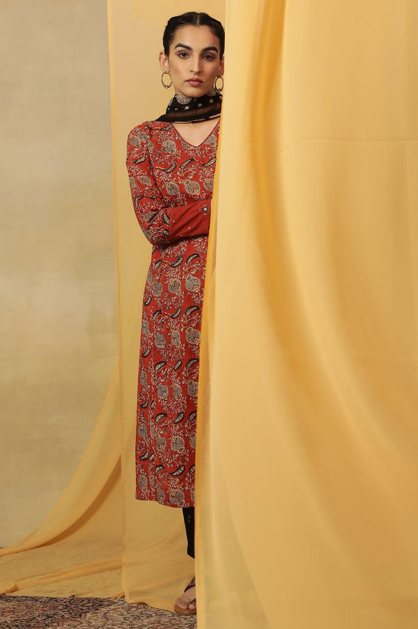 Red Handblock Print V-Neck Kurta