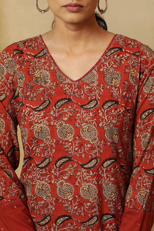Red Handblock Print V-Neck Kurta