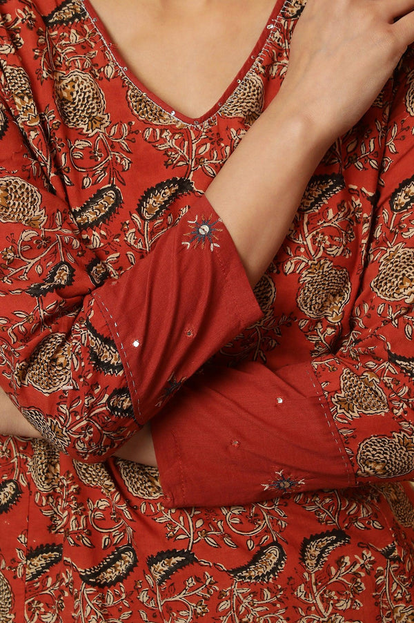 Red Handblock Print V-Neck Kurta