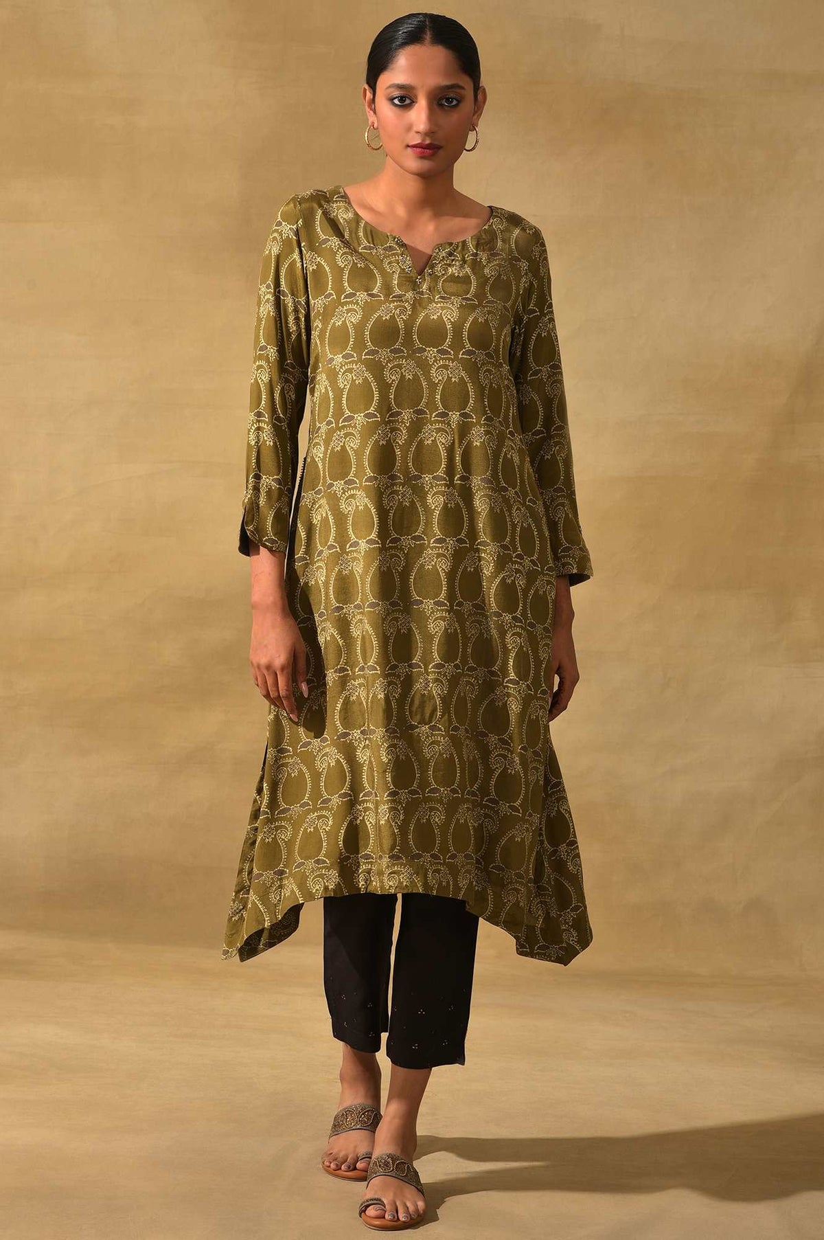 Olive Ajrakh Print A-Line kurta - XS