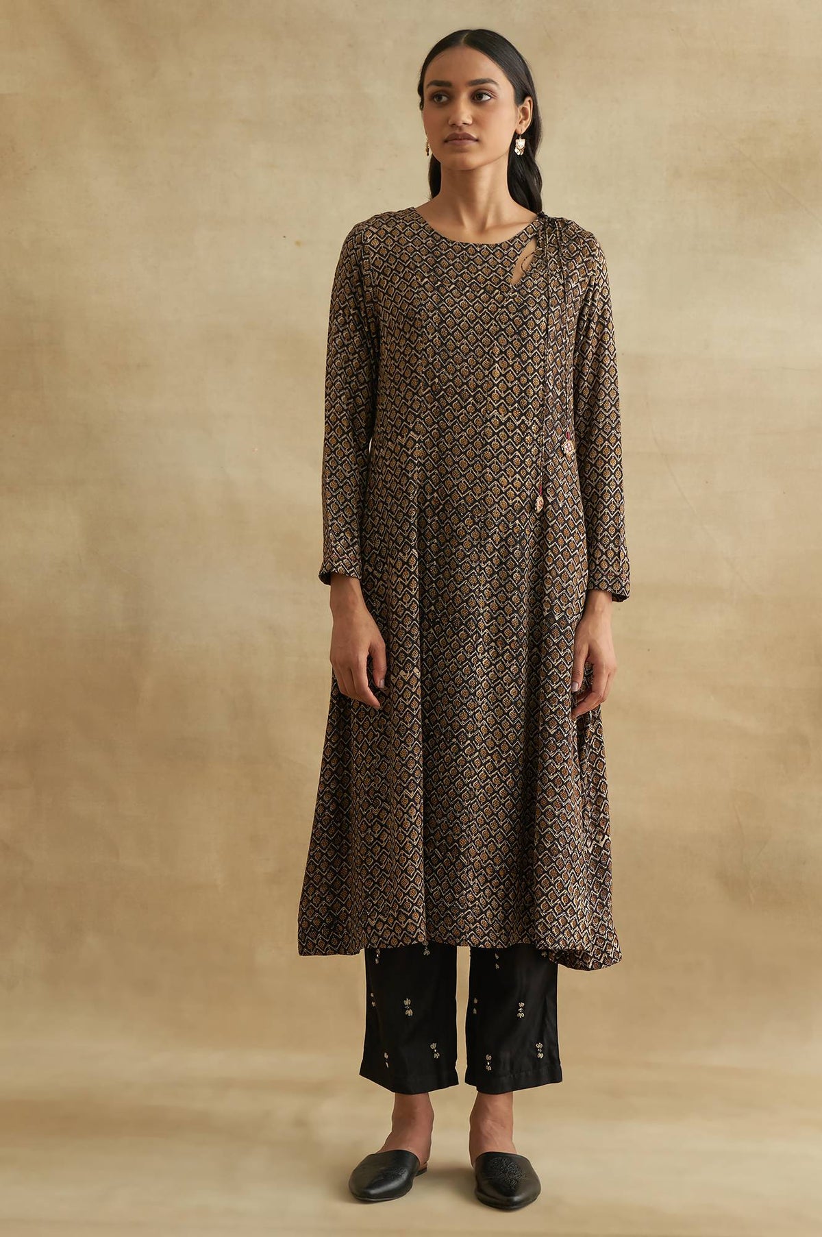 Black Handblock Print Flared kurta - XS