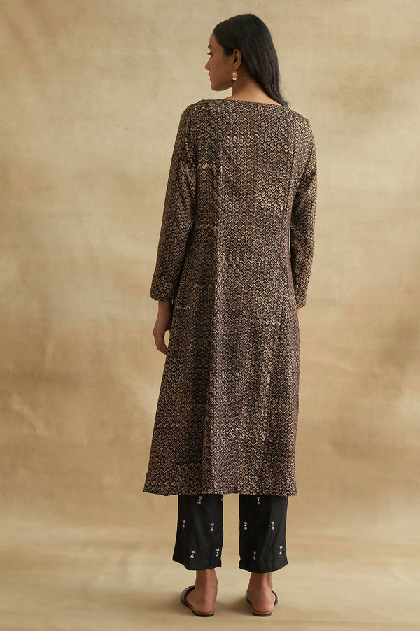 Black Handblock Print Flared kurta