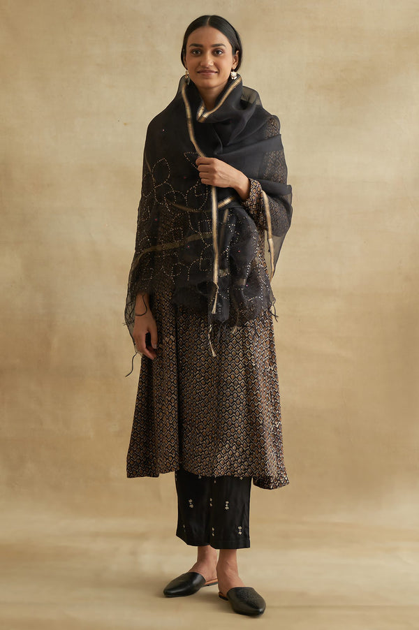 Black Handblock Print Flared kurta