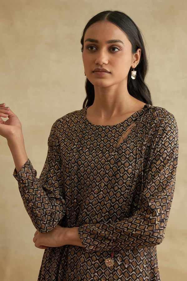 Black Handblock Print Flared kurta