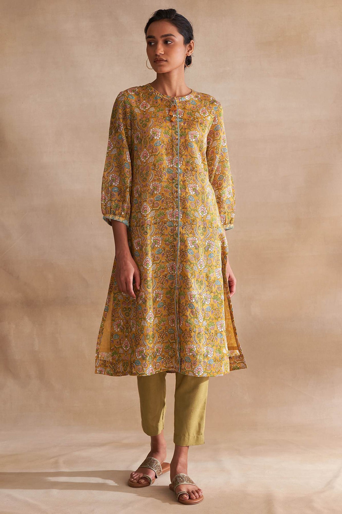 Yellow Handblock Print Cotton Silk Shirtdress - XS