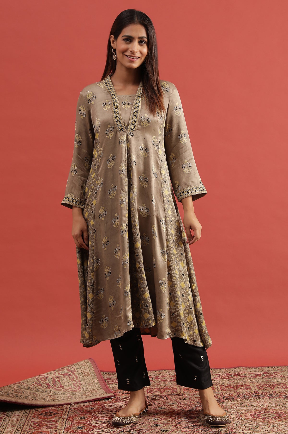 Light Brown Ajrakh Print Flared Kurta - XS
