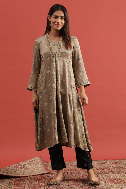 Light Brown Ajrakh Print Flared Kurta