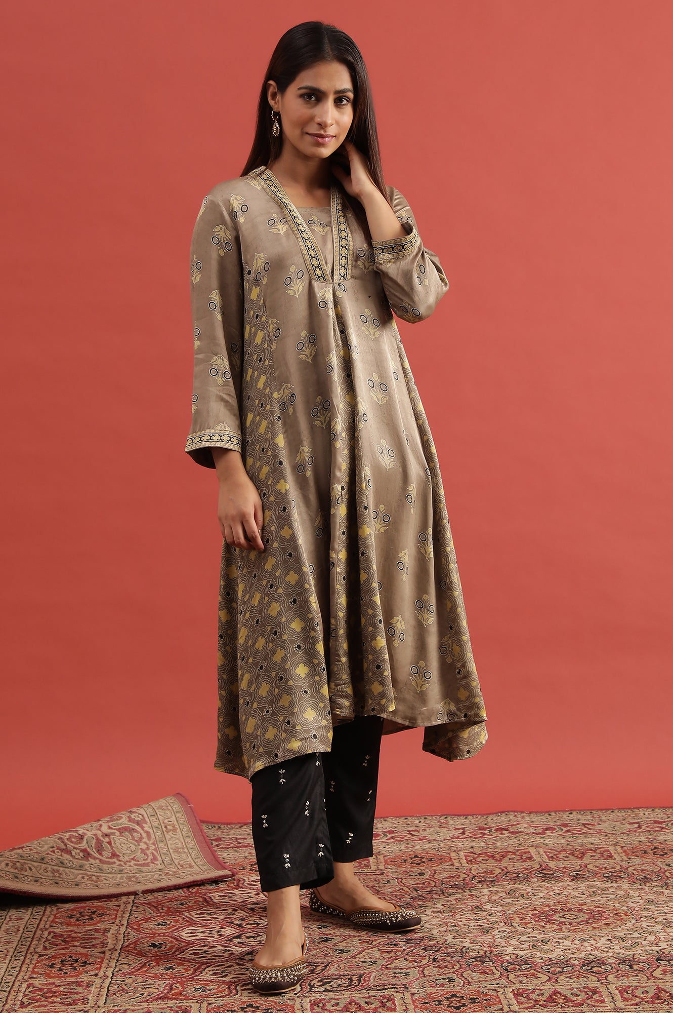 Light Brown Ajrakh Print Flared Kurta