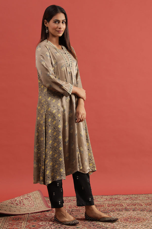 Light Brown Ajrakh Print Flared Kurta