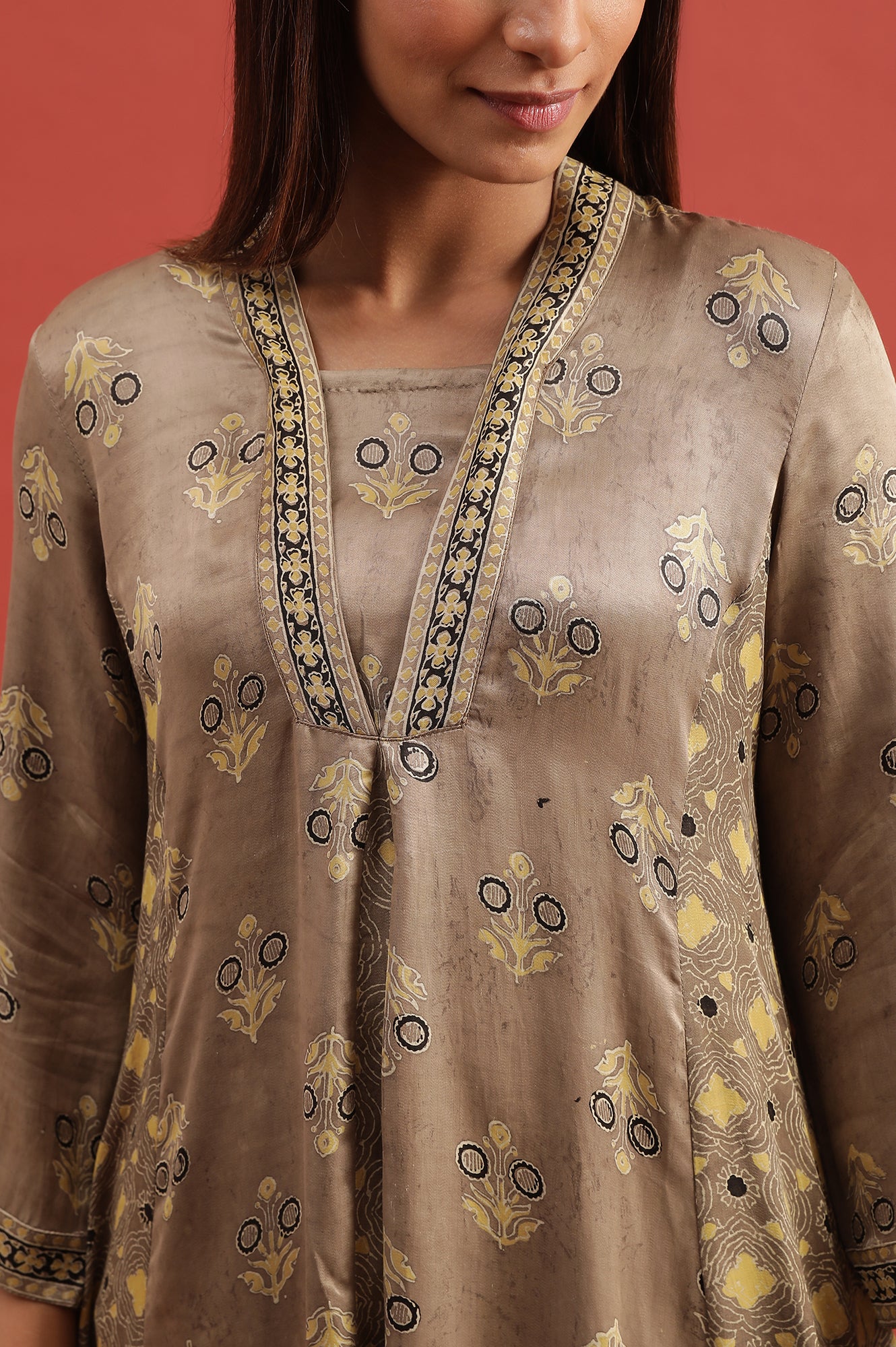 Light Brown Ajrakh Print Flared Kurta