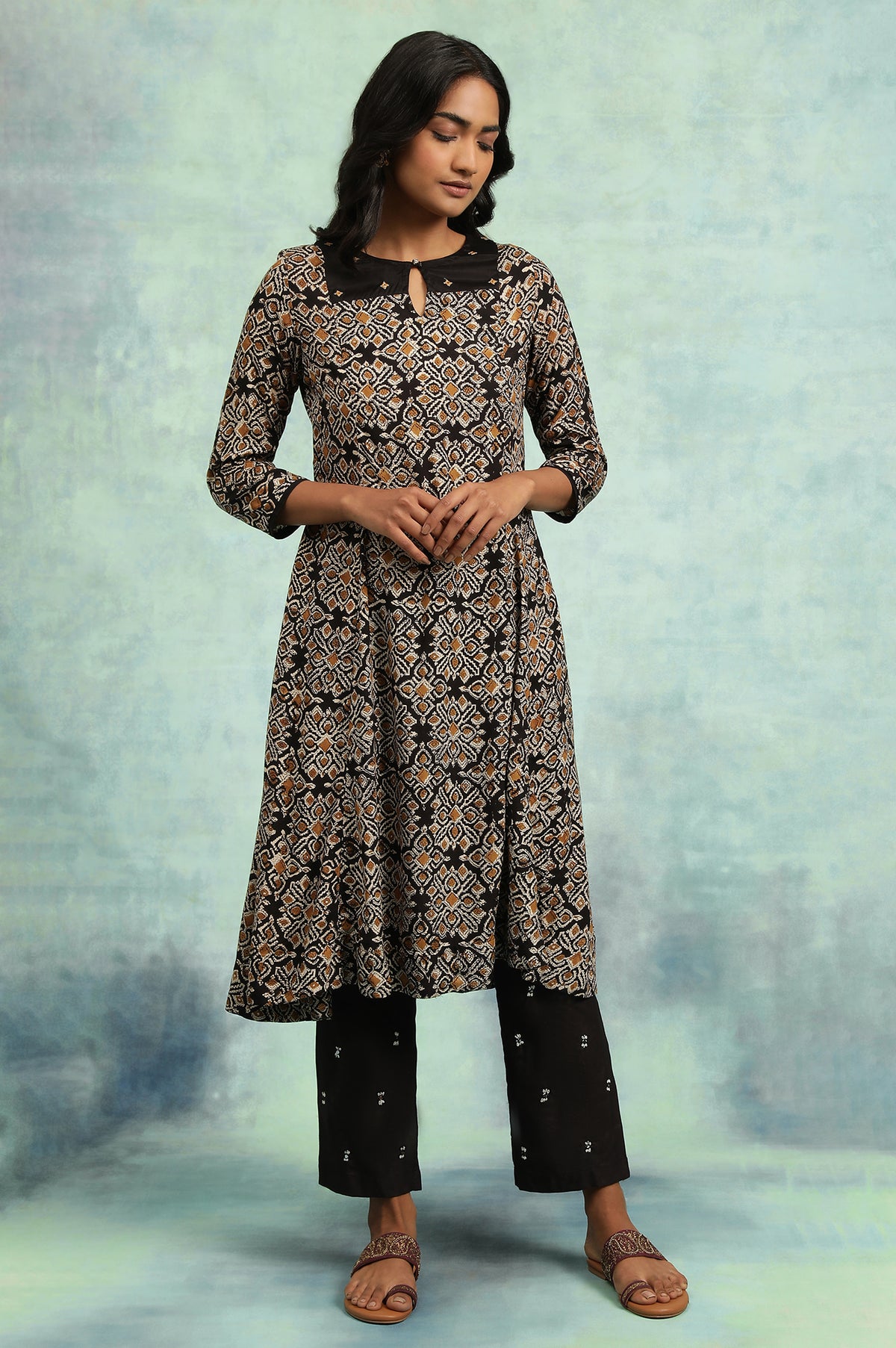 Black Flared kurta In Handblock Print - XS