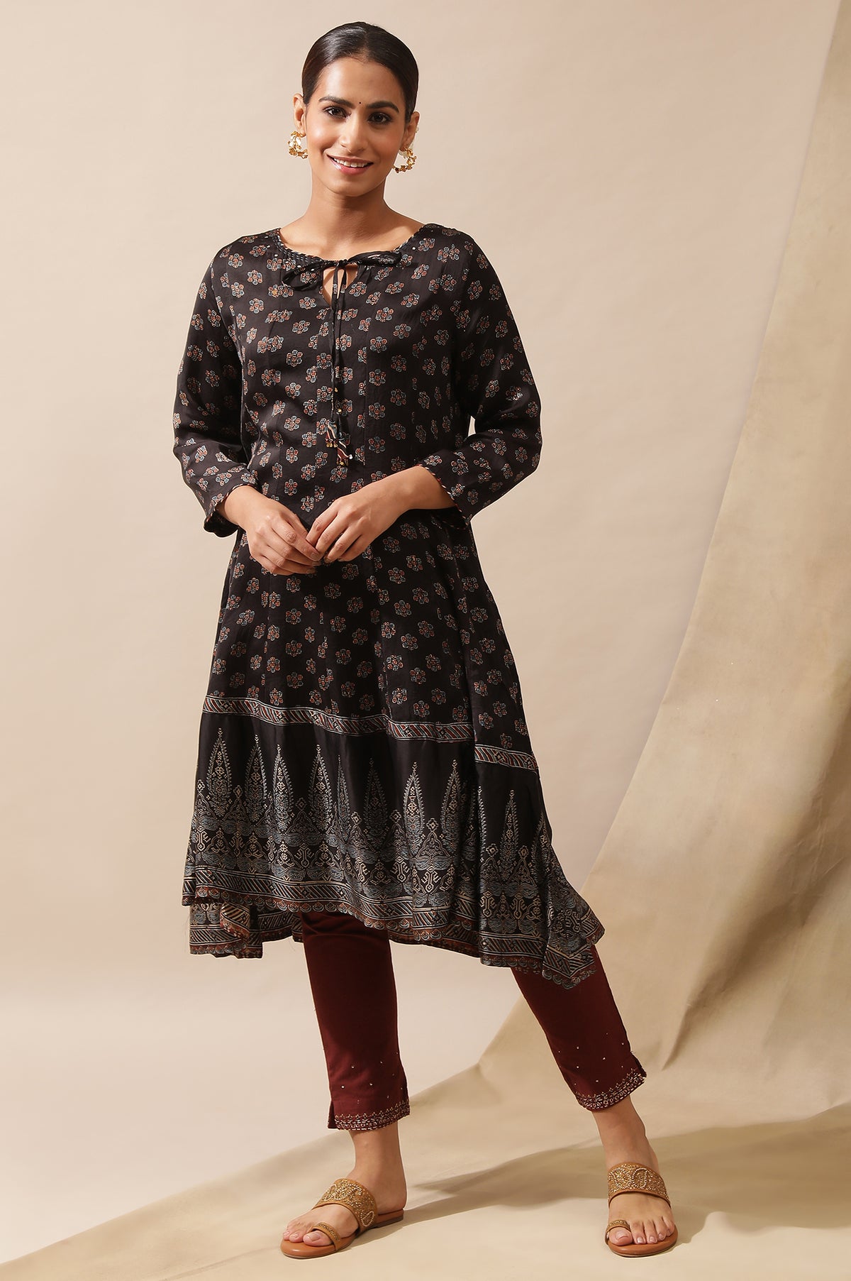 Black Ajrakh Print Kalidar Kurta - XS