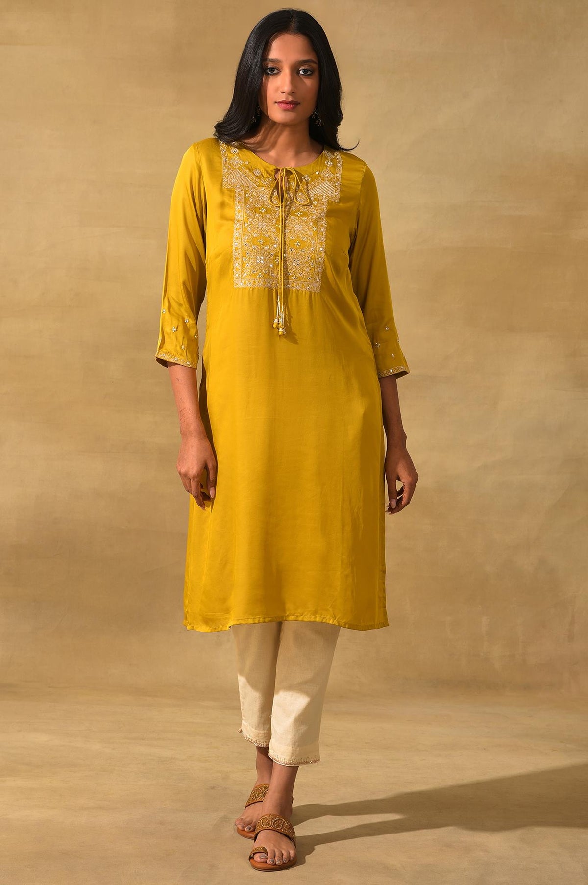 Mustard Embroidered Lustrous Satin kurta - XS