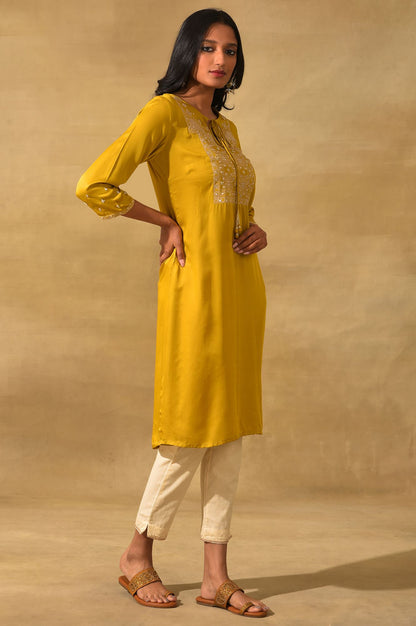 Mustard Embroidered Lustrous Satin kurta