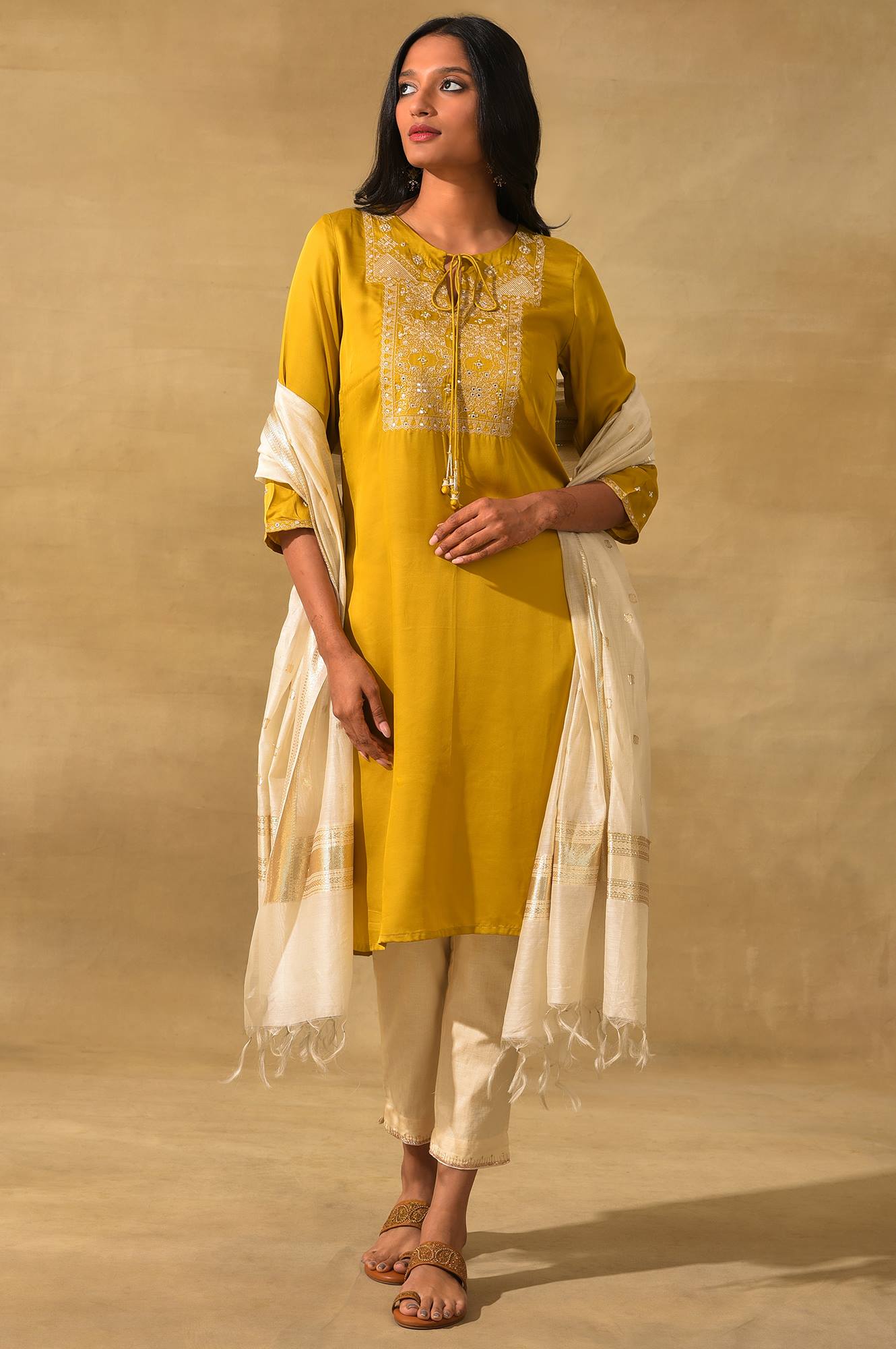 Mustard Embroidered Lustrous Satin kurta
