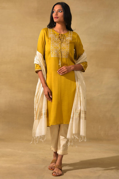 Mustard Embroidered Lustrous Satin kurta