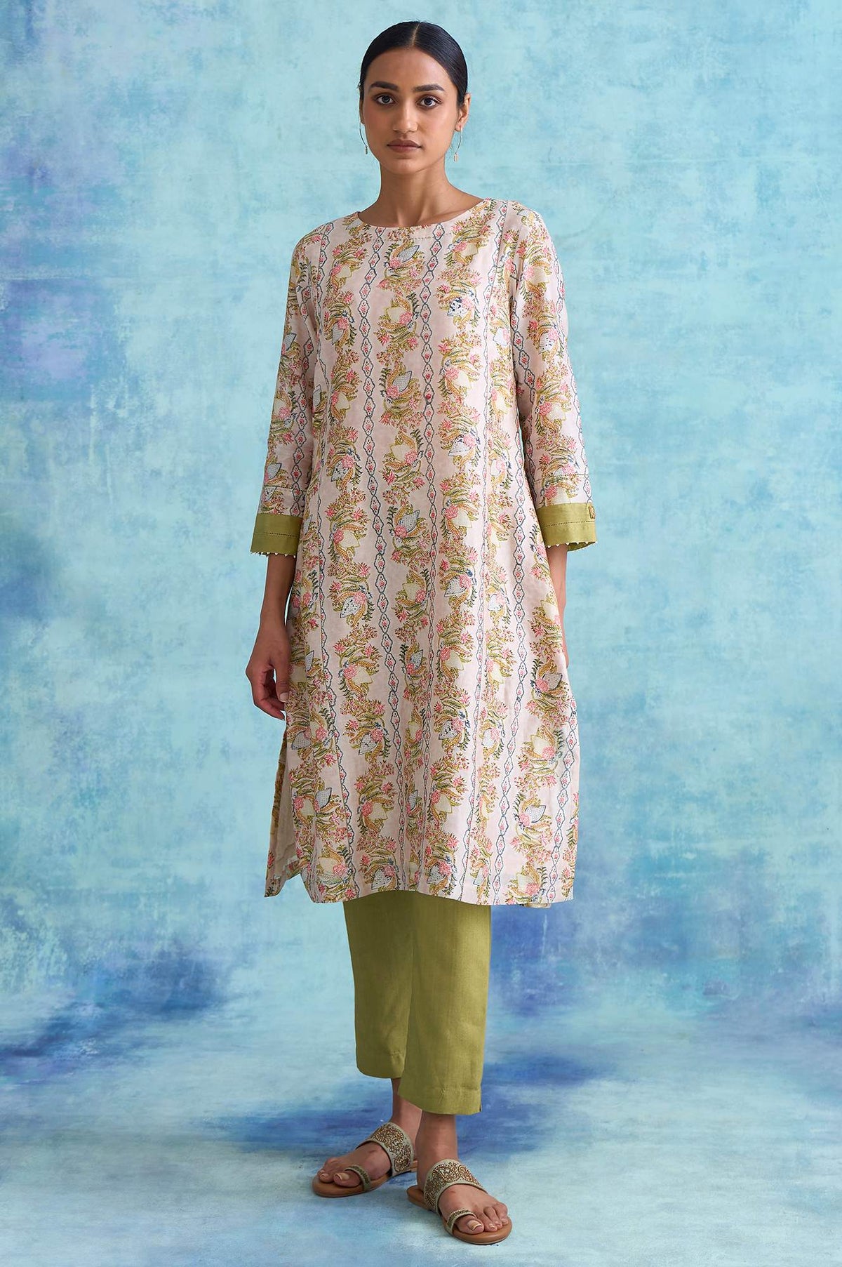 Folksong By W Light Pink Handblock Print Cotton Silk kurta - XS