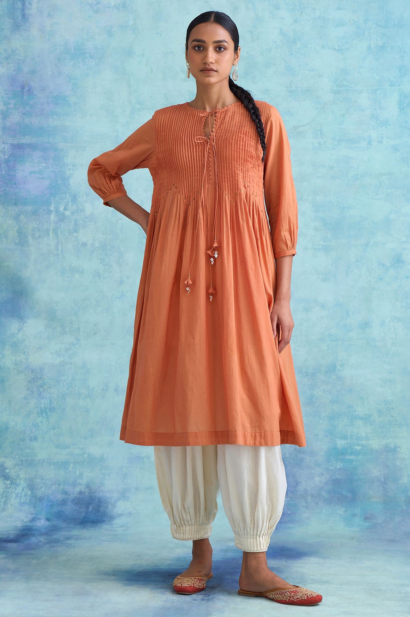 Folksong By W Orange Pleated Dress In Soft Voile