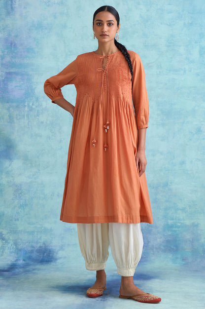 Folksong By W Orange Pleated Dress In Soft Voile